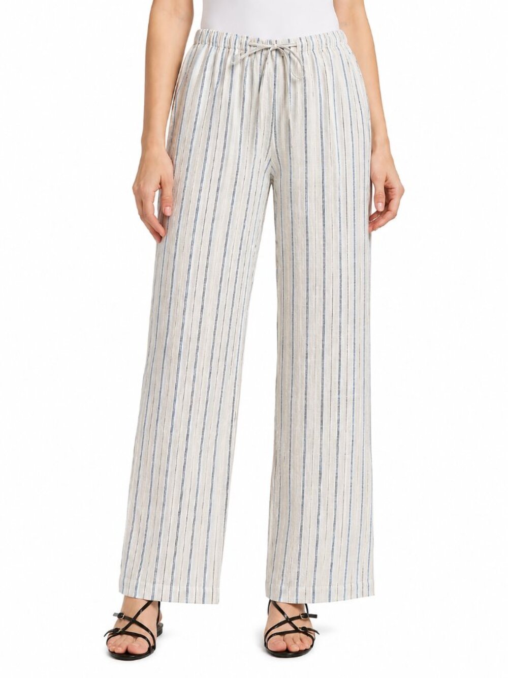 Reformation Olina Linen Pants Blue Beige Striped Wide Leg Drawstring XS
